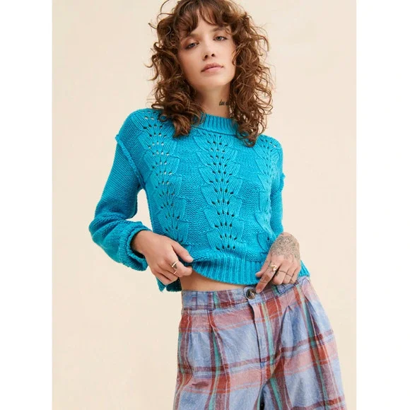 Free People Blue Bell Song Pullover Knit Cropped Sweater - Picture 2 of 12